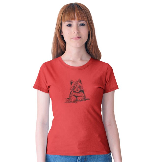 Purr-ty Cat Red Round Neck Cotton Half Sleeved Women's T-Shirt with Printed Graphics