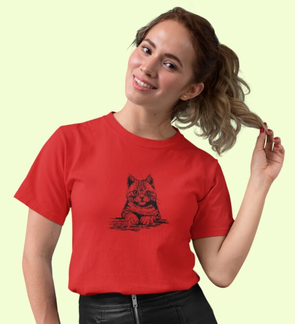 Purr-ty Cat Red Round Neck Cotton Half Sleeved Women's T-Shirt with Printed Graphics - Image 2