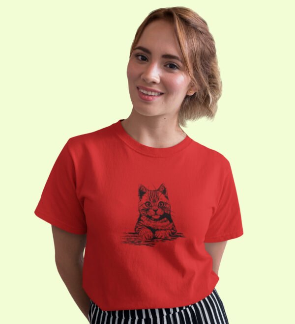 Purr-ty Cat Red Round Neck Cotton Half Sleeved Women's T-Shirt with Printed Graphics - Image 3