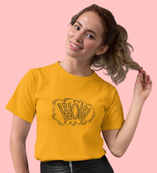 Wowee Yellow Round Neck Cotton Half Sleeved Women's T-Shirt with Printed Graphics - Image 2