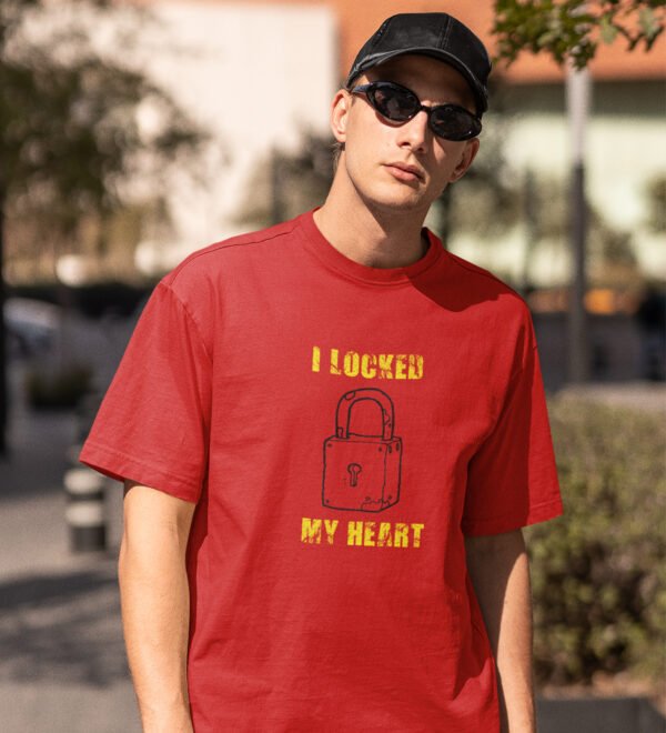 Locked My Heart Red Round Neck Cotton Half Sleeved Men's T-Shirt with Printed Graphics - Image 2