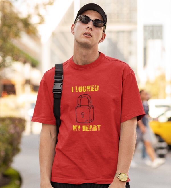 Locked My Heart Red Round Neck Cotton Half Sleeved Men's T-Shirt with Printed Graphics - Image 3