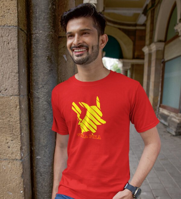 Pika Pika Red Round Neck Cotton Half Sleeved Men's T-Shirt with Printed Graphics - Image 2