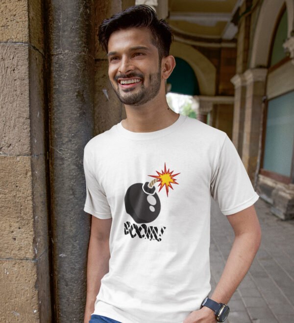 BOOM White Round Neck Cotton Half Sleeved Men's T-Shirt with Printed Graphics - Image 2
