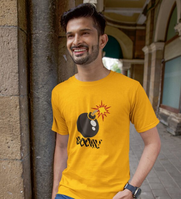 BOOM Yellow Round Neck Cotton Half Sleeved Men's T-Shirt with Printed Graphics - Image 2