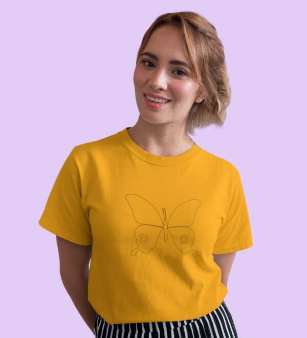 Pretty Butterfly Yellow Round Neck Cotton Half Sleeved Women's T-Shirt with Printed Graphics - Image 3