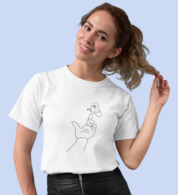 Butterfly On Finger White Round Neck Cotton Half Sleeved Women's T-Shirt with Printed Graphics - Image 2