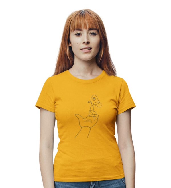 Butterfly On Finger Yellow Round Neck Cotton Half Sleeved Women's T-Shirt with Printed Graphics