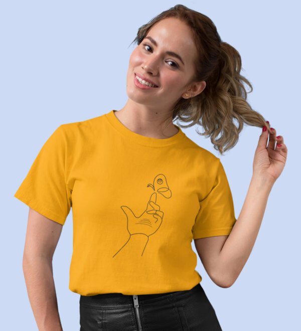 Butterfly On Finger Yellow Round Neck Cotton Half Sleeved Women's T-Shirt with Printed Graphics - Image 2