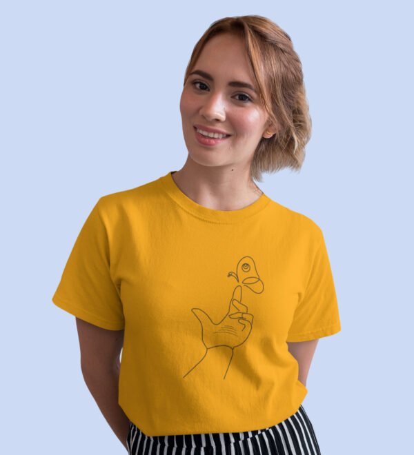 Butterfly On Finger Yellow Round Neck Cotton Half Sleeved Women's T-Shirt with Printed Graphics - Image 3