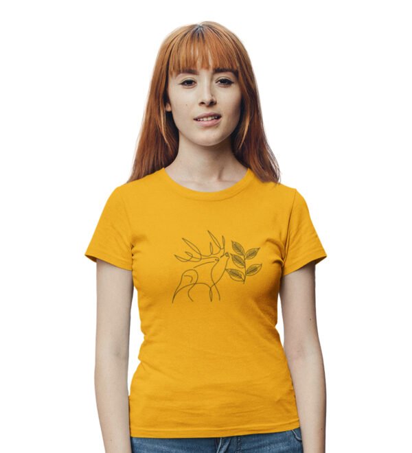Deer Yellow Round Neck Cotton Half Sleeved Women's T-Shirt with Printed Graphics