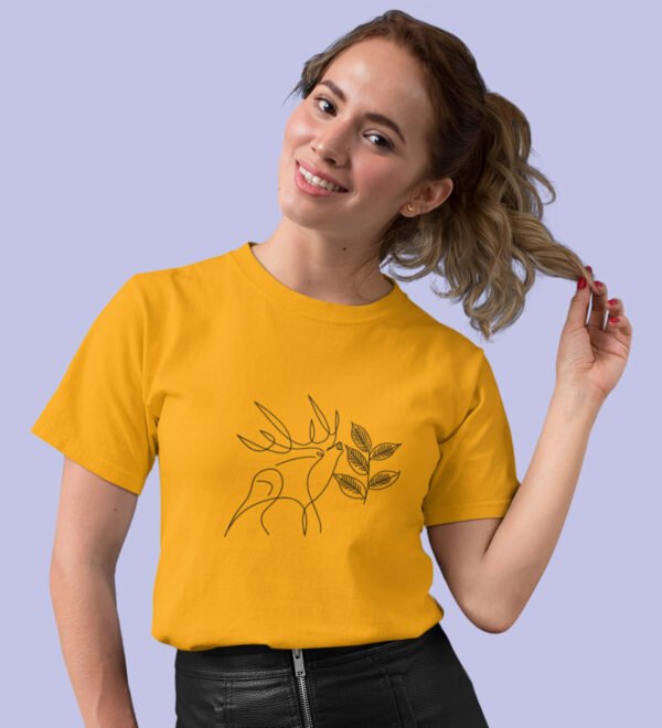 Deer Yellow Round Neck Cotton Half Sleeved Women's T-Shirt with Printed Graphics - Image 2