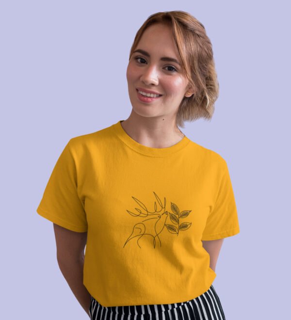 Deer Yellow Round Neck Cotton Half Sleeved Women's T-Shirt with Printed Graphics - Image 3