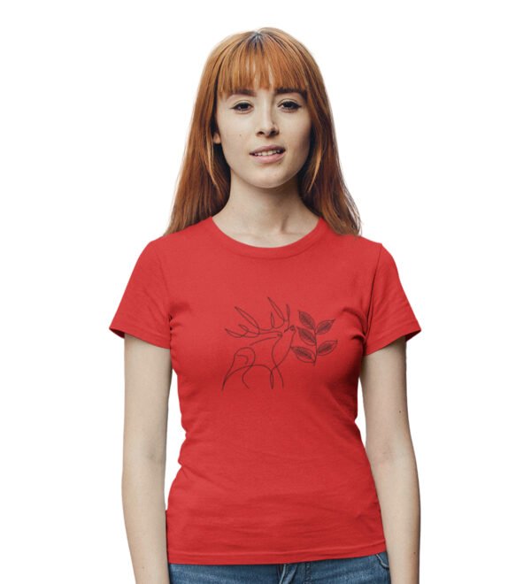 Deer Red Round Neck Cotton Half Sleeved Women's T-Shirt with Printed Graphics