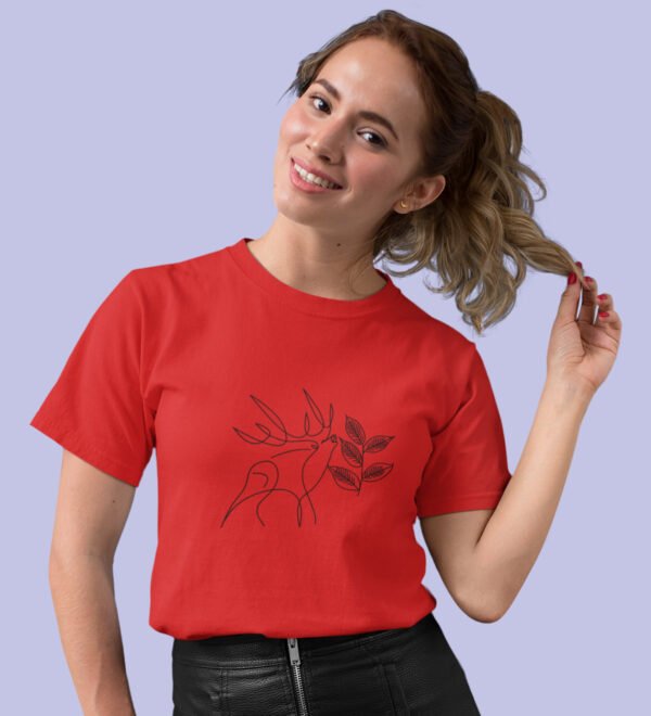 Deer Red Round Neck Cotton Half Sleeved Women's T-Shirt with Printed Graphics - Image 2